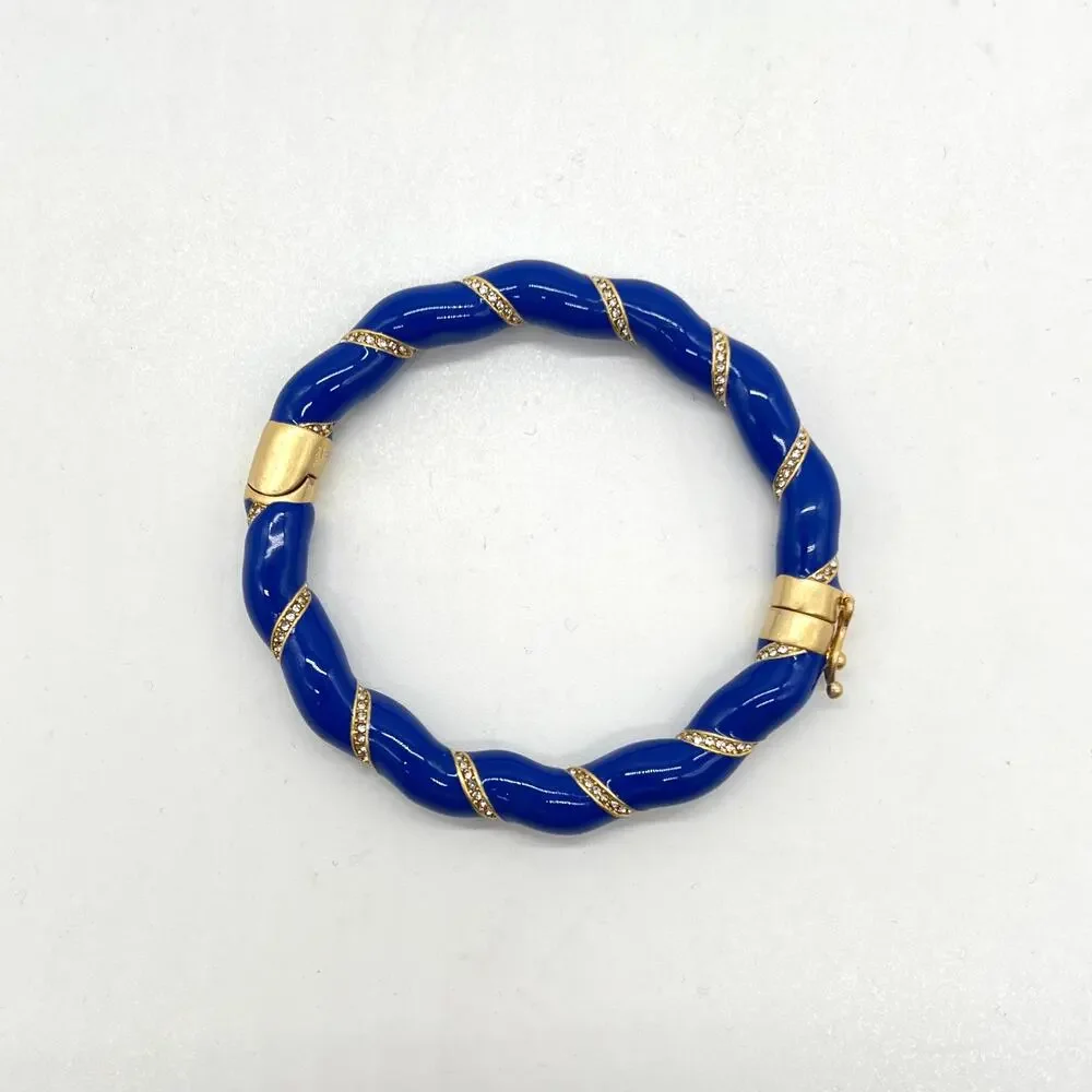 CLARE V Gold Plated Enamel Rope Bangle Bracelet Blue Rhinestone Crystal NEW